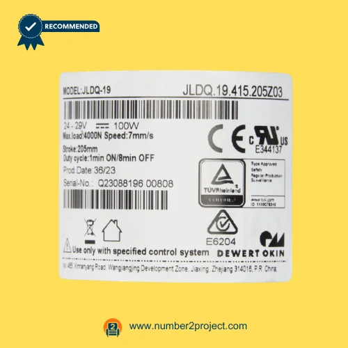 OKIN JLDQ.19.415.205Z03 recliner lift chair linear actuator motor label showing 24-29V DC 100W ratings load capacity and certifications close up Number2project