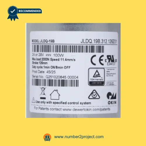 OKIN JLDQ.19B.312.126Z01 recliner lift chair actuator label showing 24-29V DC 100W 2000N linear actuator replacement motor Number2project