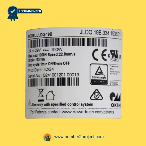 OKIN JLDQ.19B.334.153S01 recliner lift chair linear actuator motor label showing 24-29V DC 100W ratings speed and certifications close up Number2project