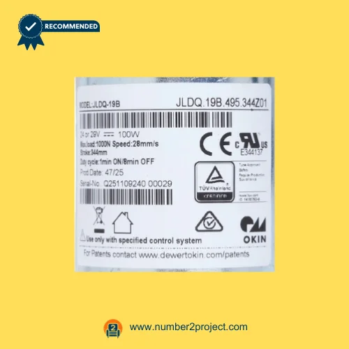 OKIN JLDQ.19B.495.344Z01 recliner lift chair actuator label showing 24-29V DC 100W 1000N linear actuator replacement motor Number2project