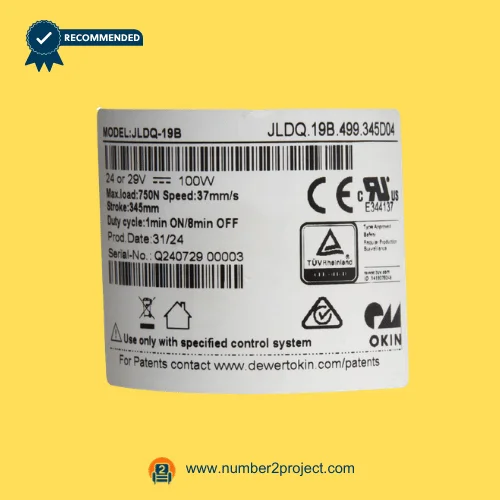OKIN JLDQ.19B.499.345D04 recliner lift chair actuator label showing 24-29V DC 100W 7500N linear actuator replacement motor Number2project