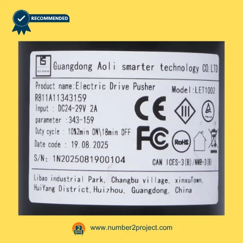 Aoli Smart LET1002 linear actuator label R811A11343159 close up showing DC24-29V input recliner lift chair motor specifications Number2project