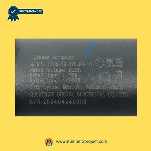 CHENDI ST03-29-270.80-10 linear actuator label specifications DC29V 55W 4000N recliner lift chair motor details close up Number2project