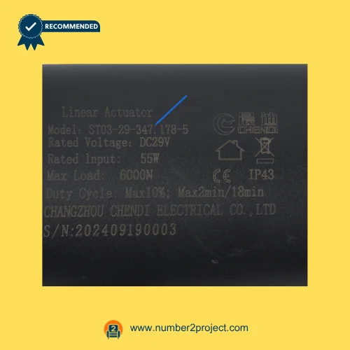 CHENDI ST03-29-347.178-5 linear actuator label specifications DC29V 55W 6000N recliner lift chair motor details close up Number2project