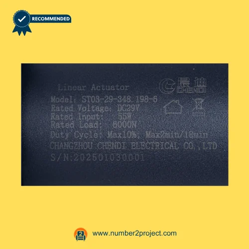 CHENDI ST03-29-348.198-6 linear actuator label specifications DC29V 55W 6000N recliner lift chair motor details close up Number2project
