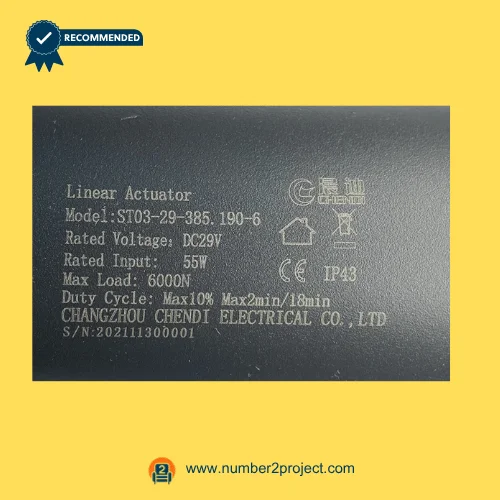 CHENDI ST03-29-385.190-6 linear actuator label specifications DC29V 55W 6000N recliner lift chair motor details close up Number2project