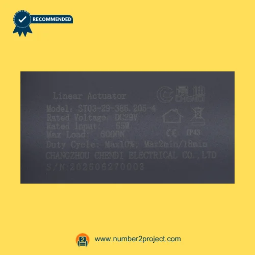 CHENDI ST03-29-385.205-4 linear actuator label specifications DC29V 55W 6000N recliner lift chair motor details close up Number2project