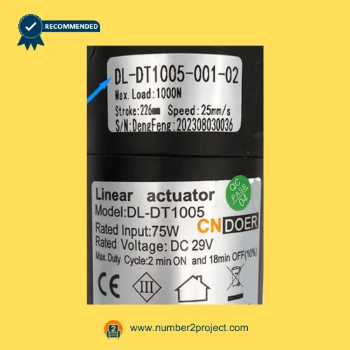 cn doer dl-dt1005-001-02 linear actuator label close up showing load stroke speed voltage recliner lift chair actuator specs number2project