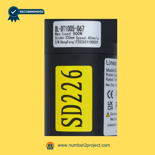 cn doer dl-dt1005-067 linear actuator label close up showing load stroke speed recliner lift chair actuator specs number2project