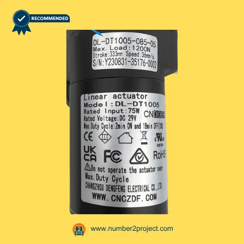 cn doer dl-dt1005-085-05 linear actuator label close up showing load stroke speed voltage recliner lift chair actuator specs number2project