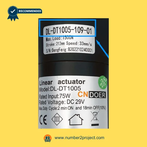 cn doer dl-dt1005-109-01 linear actuator label close up showing load stroke speed voltage recliner lift chair actuator specs number2project