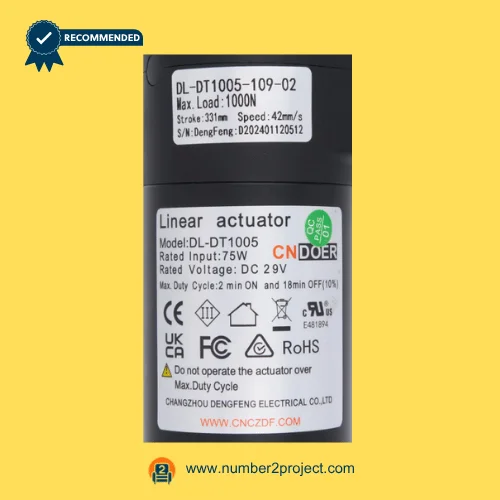 cn doer dl-dt1005-109-02 linear actuator label close up showing load stroke speed voltage recliner lift chair actuator specs number2project