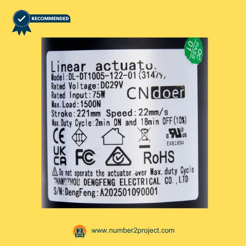 cn doer dl-dt1005-122-01(31479) linear actuator label close up showing voltage load stroke speed recliner lift chair actuator specs number2project
