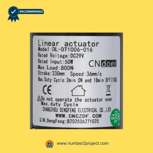cn doer dl-dt1006-016 linear actuator label close up showing voltage load stroke speed recliner lift chair actuator specs number2project