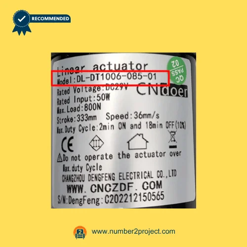 cn doer dl-dt1006-085-01 linear actuator label close up showing voltage load stroke speed recliner lift chair actuator specs number2project