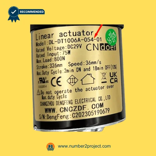 cn doer dl-dt1006a-054-01 linear actuator label close up showing voltage load stroke speed recliner lift chair actuator specs number2project