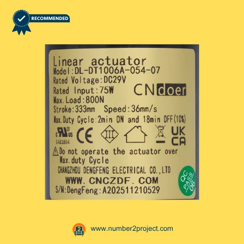 cn doer dl-dt1006a-054-07 linear actuator label close up showing voltage load stroke speed recliner lift chair actuator specs number2project
