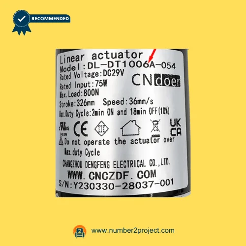 cn doer dl-dt1006a-054 linear actuator label close up showing voltage load stroke speed recliner lift chair actuator specs number2project