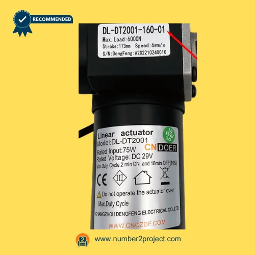 cn doer dl-dt2001-160-01 linear actuator label close up showing load stroke speed voltage recliner lift chair actuator specs number2project