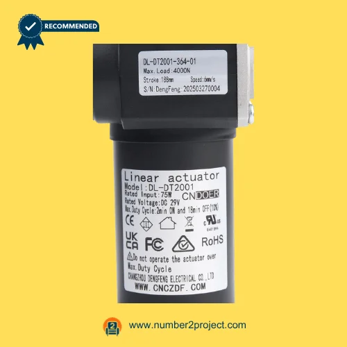 cn doer dl-dt2001-364-01 linear actuator label close up showing load stroke speed voltage recliner lift chair actuator specs number2project