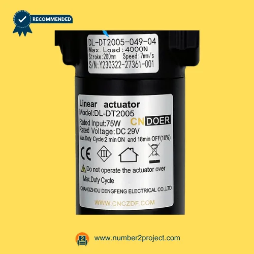 cn doer dl-dt2005-049-04 linear actuator label close up showing load stroke speed voltage recliner lift chair actuator specs number2project