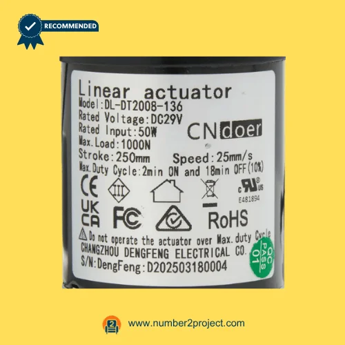 cn doer dl-dt2008-136 linear actuator label close up showing voltage load stroke speed recliner lift chair actuator specs number2project