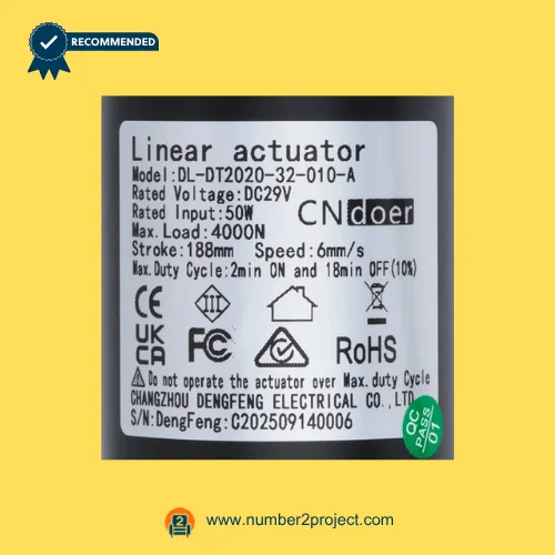 cn doer dl-dt2020-32-010-a linear actuator label close up showing voltage load stroke speed recliner lift chair actuator specs number2project
