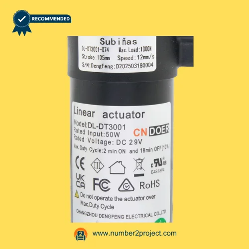cn doer dl-dt3001-074 linear actuator label close up showing load stroke speed voltage recliner lift chair actuator specs number2project