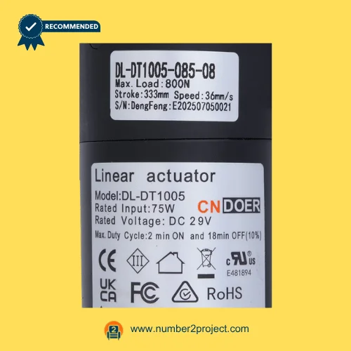CNDOER DL-DT1005-085-08 linear actuator motor label showing specifications 800N load 333mm stroke 36mm per second speed DC 29V close up recliner actuator details Number2project