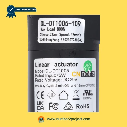 CNDOER DL-DT1005-109 linear actuator motor label showing specifications 800N load 333mm stroke 42mm per second speed DC 29V close up recliner actuator details Number2project