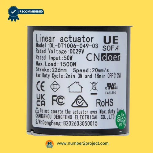CNDOER DL-DT1006-049-03 linear actuator motor label showing specifications 1500N load 226mm stroke 20mm per second speed DC 29V close up recliner actuator details Number2project