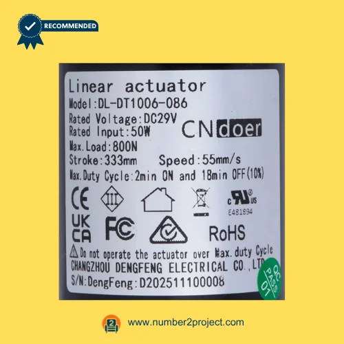 CNDOER DL-DT1006-086 linear actuator motor label showing specifications 800N load 333mm stroke 55mm per second speed DC 29V close up recliner actuator details Number2project