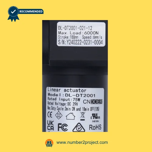 CNDOER DL-DT2001-021-12 linear actuator motor label showing specifications 6000N load 188mm stroke 6mm per second speed DC 29V close up recliner actuator details Number2project