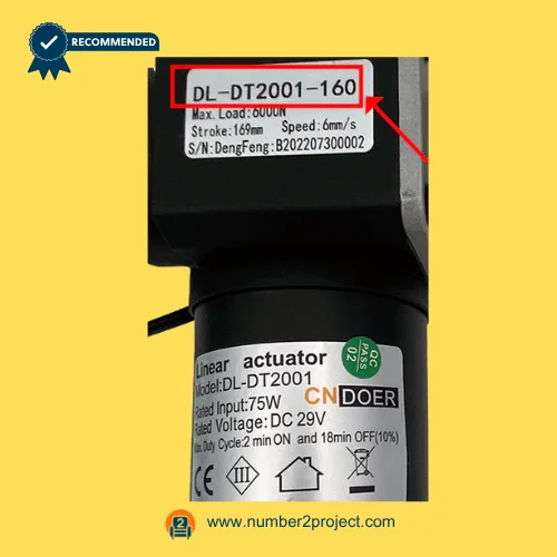 CNDOER DL-DT2001-160 linear actuator motor label showing specifications 6000N load 169mm stroke 6mm per second speed DC 29V close up recliner actuator details Number2project