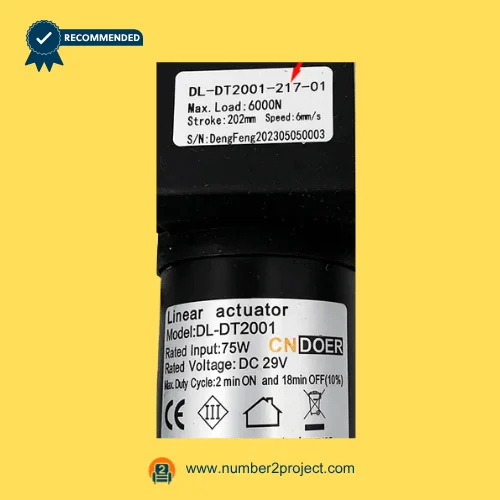 CNDOER DL-DT2001-217-01 linear actuator motor label showing specifications 6000N load 202mm stroke 6mm per second speed DC 29V close up recliner actuator details Number2project