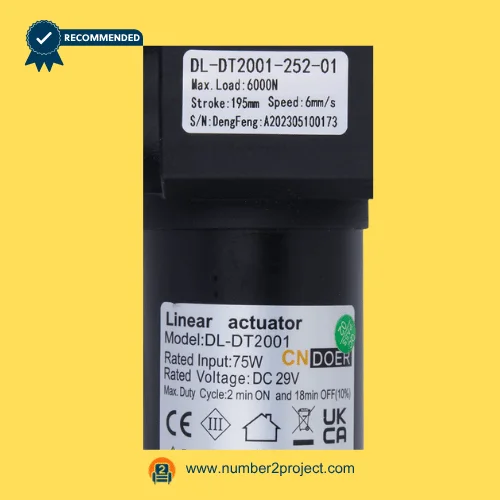 CNDOER DL-DT2001-252-01 linear actuator motor label showing specifications 6000N load 195mm stroke 6mm per second speed DC 29V close up recliner actuator details Number2project