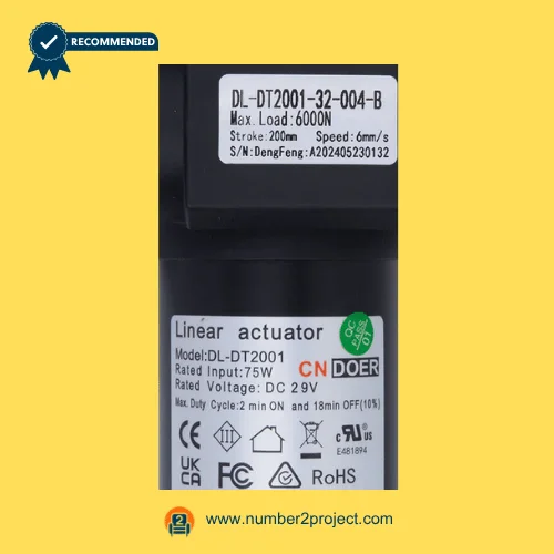 CNDOER DL-DT2001-32-004-B linear actuator motor label showing specifications 6000N load 200mm stroke 6mm per second speed DC 29V close up recliner actuator details Number2project