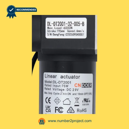 CNDOER DL-DT2001-32-005-B linear actuator motor label showing specifications 6000N load 195mm stroke 6mm per second speed DC 29V close up recliner actuator details Number2project