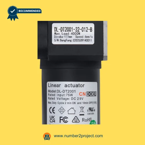 CNDOER DL-DT2001-32-012-B linear actuator motor label showing specifications 4000N load 177mm stroke 6mm per second speed DC 29V close up recliner actuator details Number2project