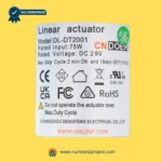 CNDOER DL-DT2001 linear actuator motor label showing specifications DC 29V 75W input duty cycle details close up recliner actuator Number2project
