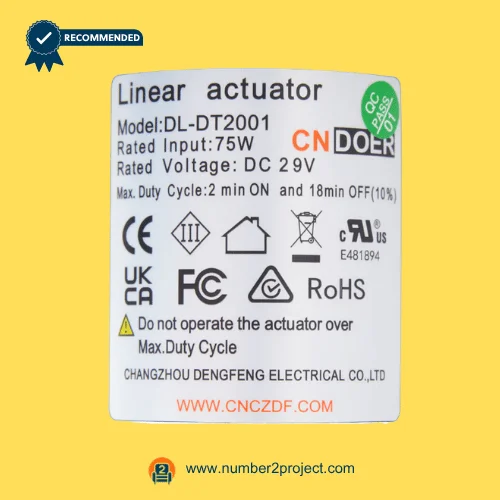 CNDOER DL-DT2001 linear actuator motor label showing specifications DC 29V 75W input duty cycle details close up recliner actuator Number2project