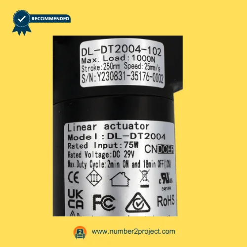 CNDOER DL-DT2004-102 linear actuator motor label showing specifications 1000N load 250mm stroke 25mm per second speed DC 29V close up recliner actuator details Number2project