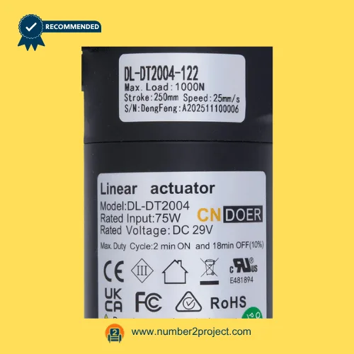 CNDOER DL-DT2004-122 linear actuator motor label showing specifications 1000N load 250mm stroke 25mm per second speed DC 29V close up recliner actuator details Number2project