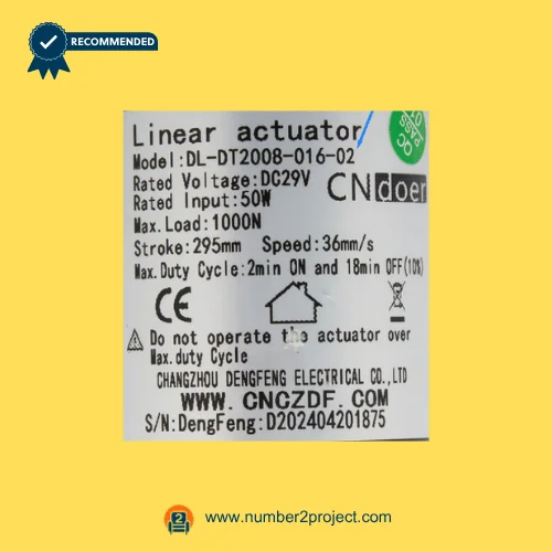 CNDOER DL-DT2008-016-02 linear actuator motor label showing specifications 1000N load 295mm stroke 36mm per second speed DC 29V close up recliner actuator details Number2project