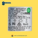 CNDOER DL-DT2020-32-006-A linear actuator motor label showing specifications 4000N load 205mm stroke 6mm per second speed DC 29V close up recliner actuator details Number2project