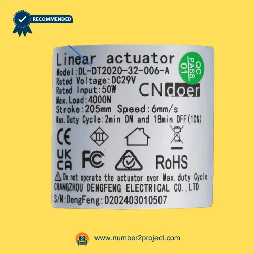 CNDOER DL-DT2020-32-006-A linear actuator motor label showing specifications 4000N load 205mm stroke 6mm per second speed DC 29V close up recliner actuator details Number2project