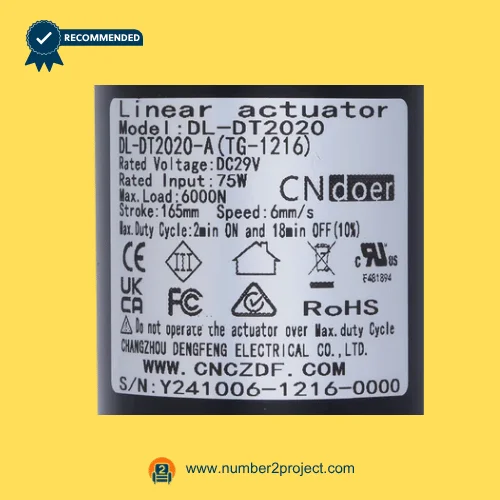 CNDOER DL-DT2020-A TG-1216 linear actuator motor label showing specifications 6000N load 165mm stroke 6mm per second speed DC 29V close up recliner actuator details Number2project