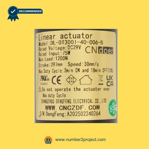 CNDOER DL-DT3001-40-006-B linear actuator motor label showing specifications 1200N load 297mm stroke 30mm per second speed DC 29V close up recliner actuator details Number2project