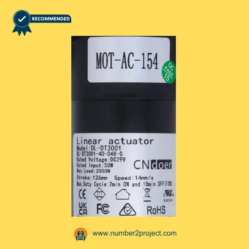 CNDOER DL-DT3001-40-048-C MOT-AC-154 linear actuator motor label showing specifications 2000N load 126mm stroke 14mm per second speed DC 29V close up recliner actuator details Number2project