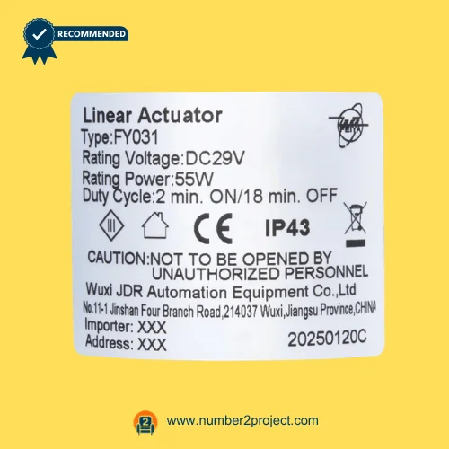 Feiya JDR FY031 linear actuator label close up showing DC29V 55W specifications recliner lift chair actuator Number2project